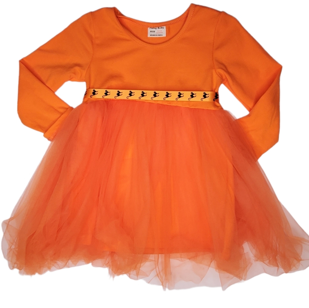 {Peony Baby} Orange Tulle Long Sleeve Halloween Dress with Black Cat Belt